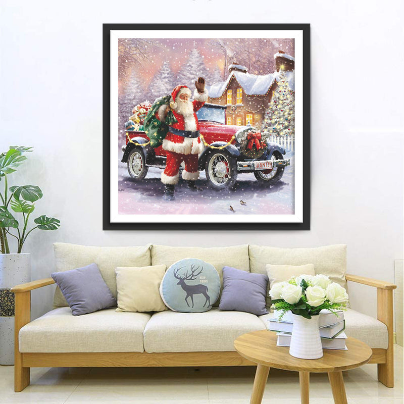 Père Noël et Voiture Rouge Broderie Diamant
