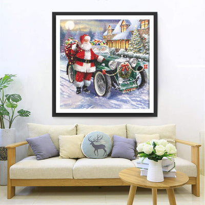 Père Noël et Voiture Verte Broderie Diamant
