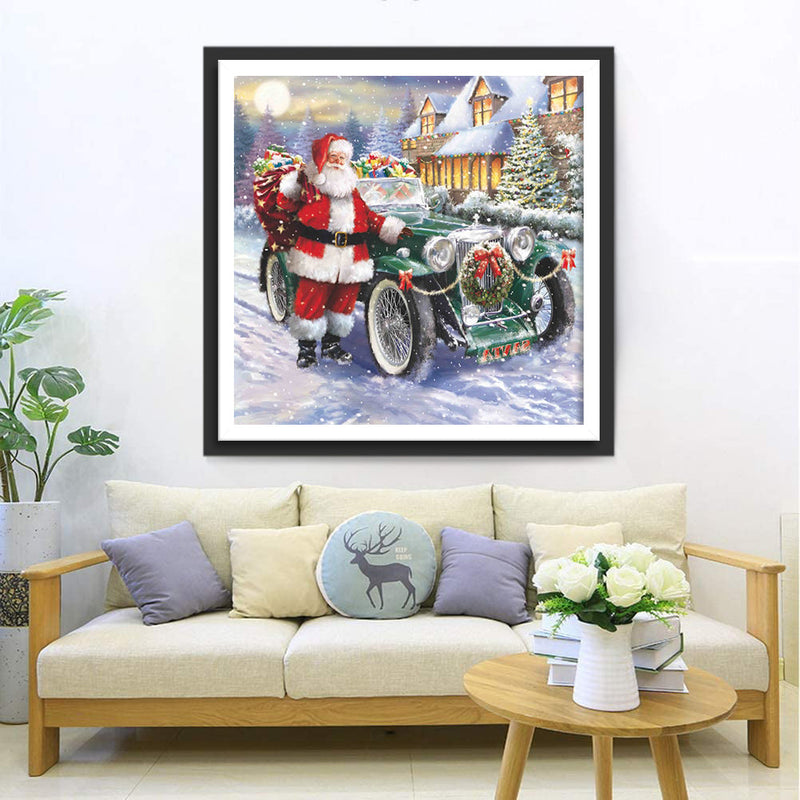 Père Noël et Voiture Verte Broderie Diamant