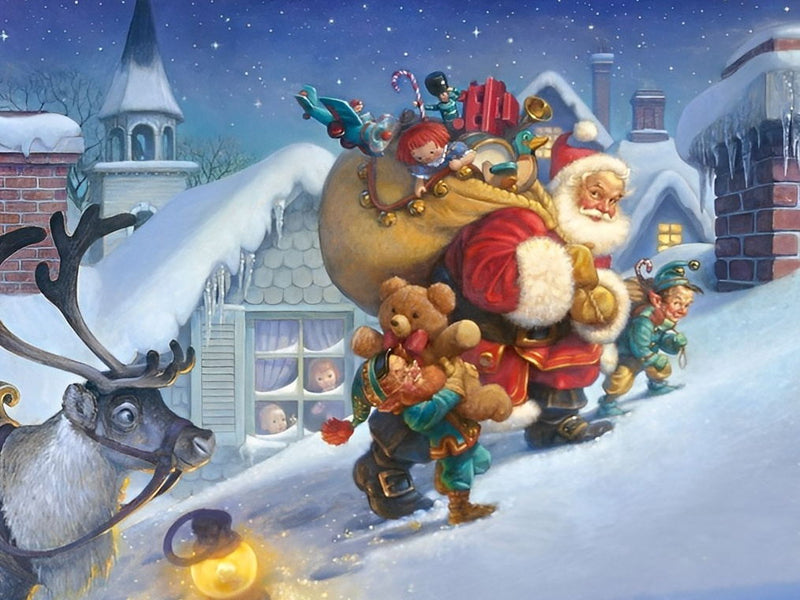 Père Noël Grimpant la Colline avec des Cadeaux Broderie Diamant