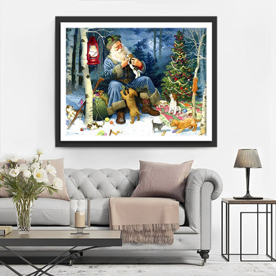 Père Noël Jouant avec des Chiots Broderie Diamant