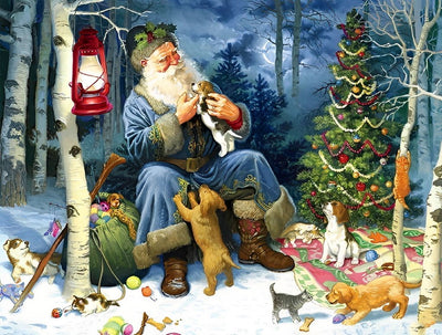 Père Noël Jouant avec des Chiots Broderie Diamant