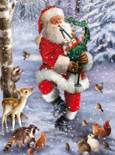 Père Noël Jouant de la Cornemuse Broderie Diamant
