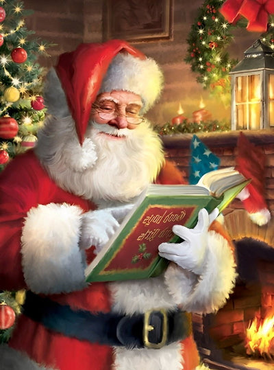 Père Noël Lisant du Livre Broderie Diamant