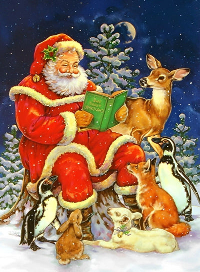 Père Noël Lisant Histoire aux Animaux Broderie Diamant
