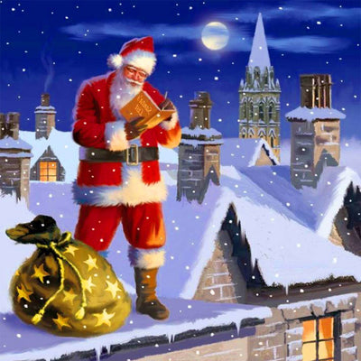 Père Noël Lisant Livre sur le Toit Broderie Diamant