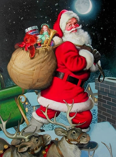 Père Noël Livrant des Cadeaux sur le Toit Broderie Diamant