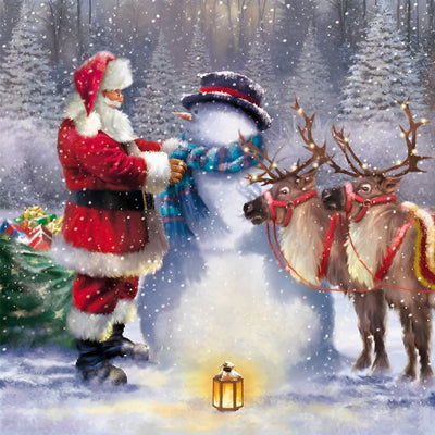 Père Noël Mettant Echarpe au Bonhomme de Neige Broderie Diamant