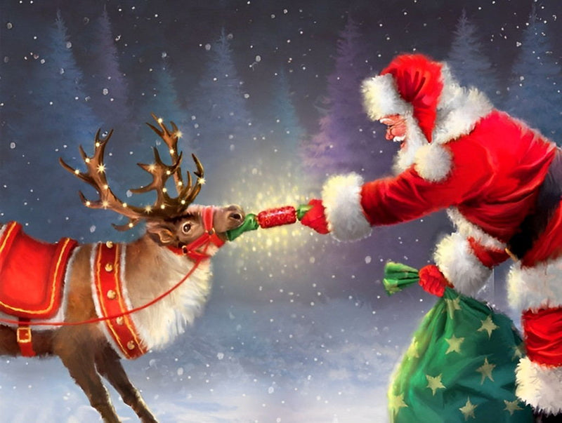 Père Noël Nourrissant la Renne Broderie Diamant