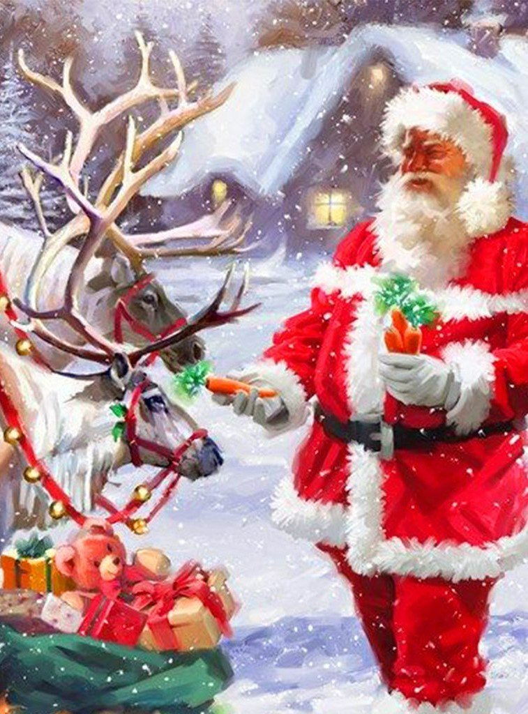 Père Noël Nourrissant les Rennes avec des Carottes Broderie Diamant