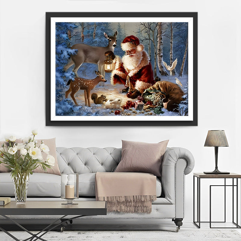 Père Noël Nourrissant Petit Cerf Broderie Diamant