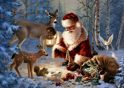 Père Noël Nourrissant Petit Cerf Broderie Diamant