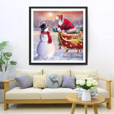 Père Noël Offrant Cadeau au Bonhomme de Neige Broderie Diamant
