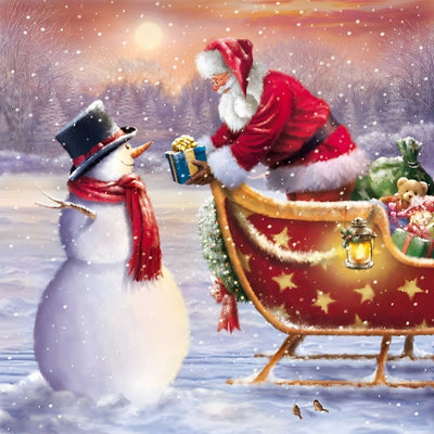 Père Noël Offrant Cadeau au Bonhomme de Neige Broderie Diamant