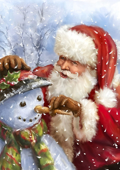 Père Noël Plaçant le Nez sur le Bonhomme de Neige Broderie Diamant
