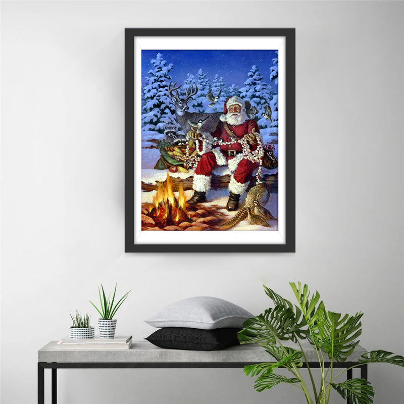 Père Noël près de Feu de Camp Broderie Diamant