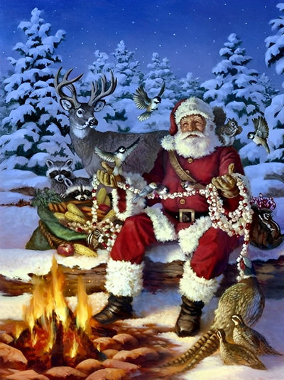 Père Noël près de Feu de Camp Broderie Diamant