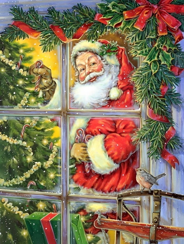 Père Noël près de la Fenêtre Broderie Diamant