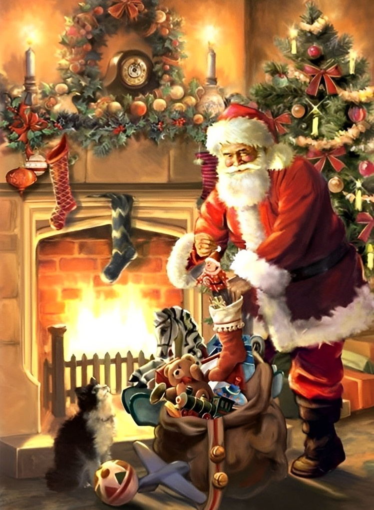 Père Noël Rembourrant des Cadeaux dans des Chaussettes Broderie Diamant