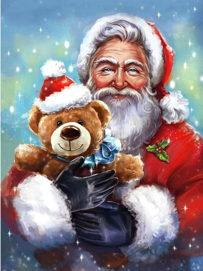 Père Noël Souriant et Poupée d'Ours Broderie Diamant