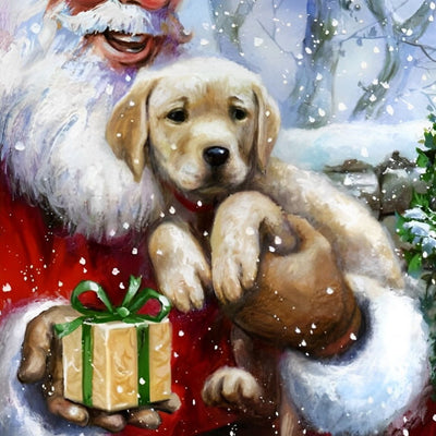 Père Noël Tenant un Golden Retriever Broderie Diamant
