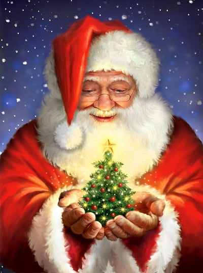Père Noël Tenant un Petit Sapin de Noël Broderie Diamant