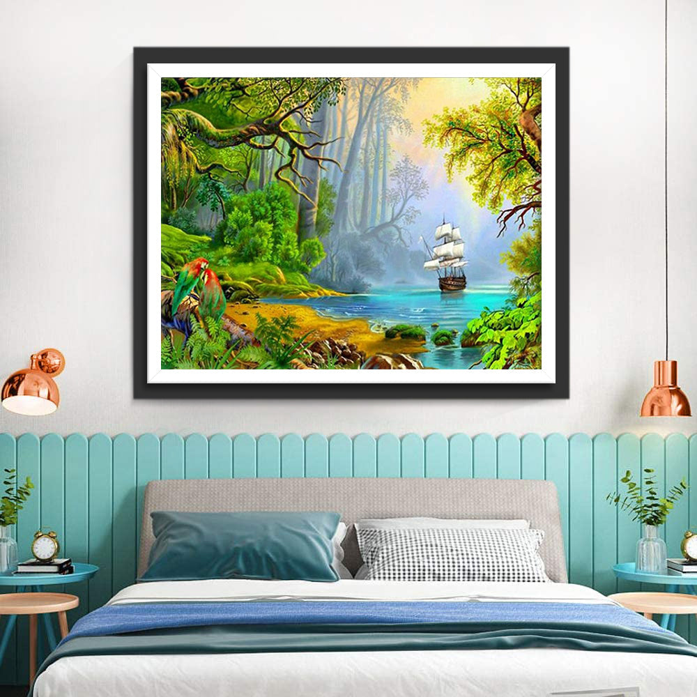 Perroquets dans la Forêt Tropicale Broderie Diamant