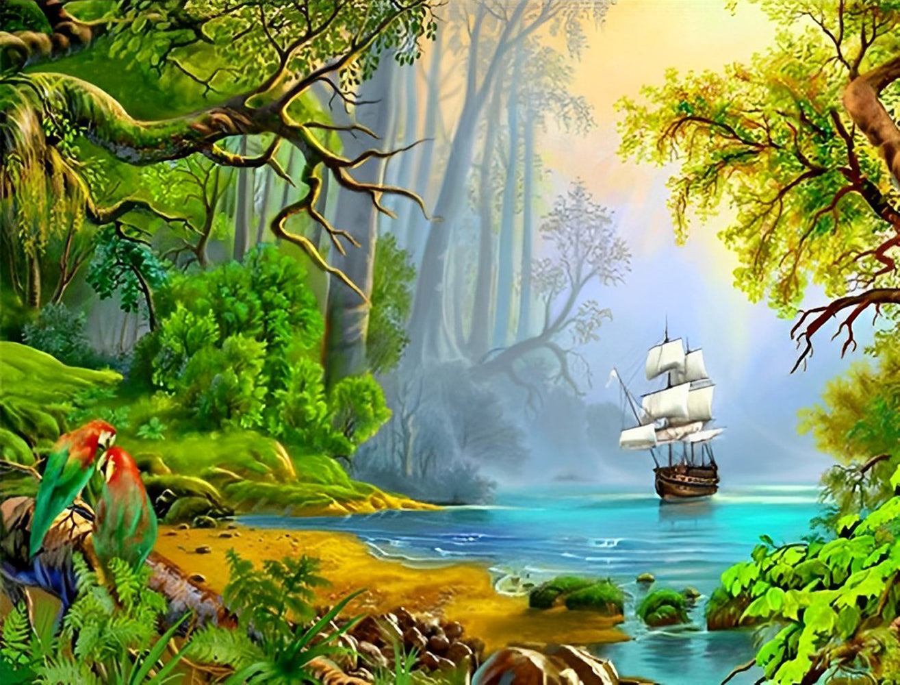 Perroquets dans la Forêt Tropicale Broderie Diamant