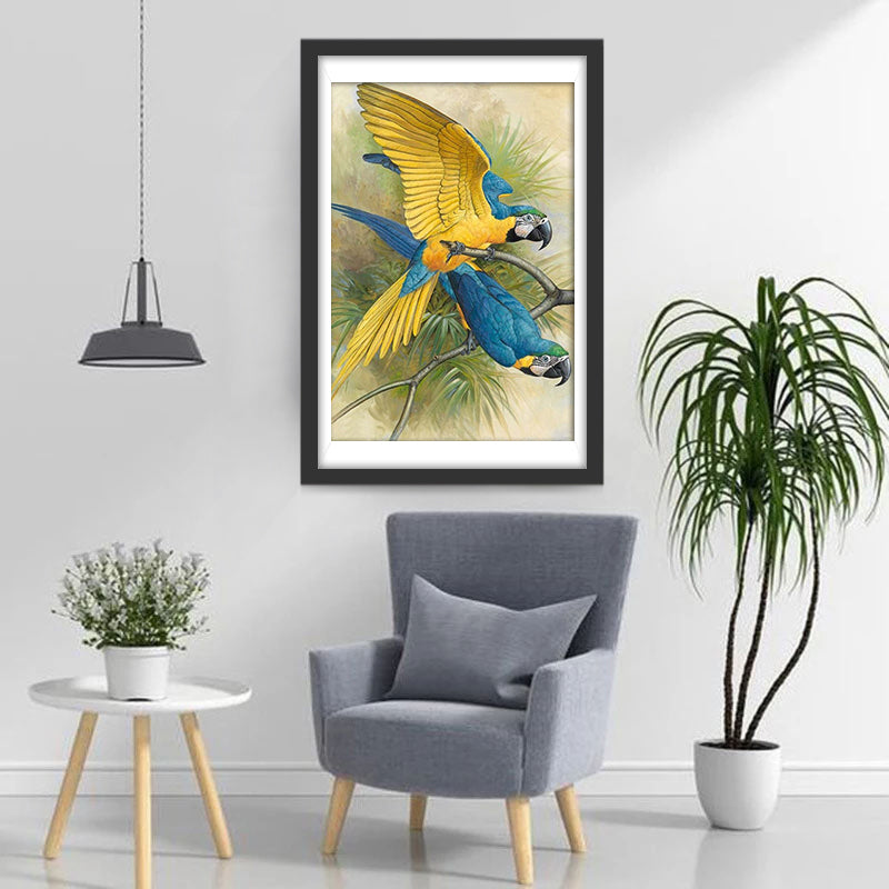 Perroquets Jaunes et Bleus Broderie Diamant