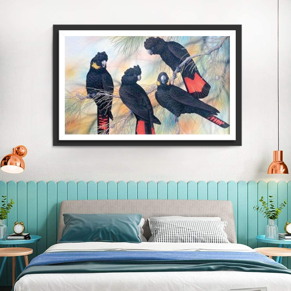 Perroquets Noirs et Rouges Broderie Diamant