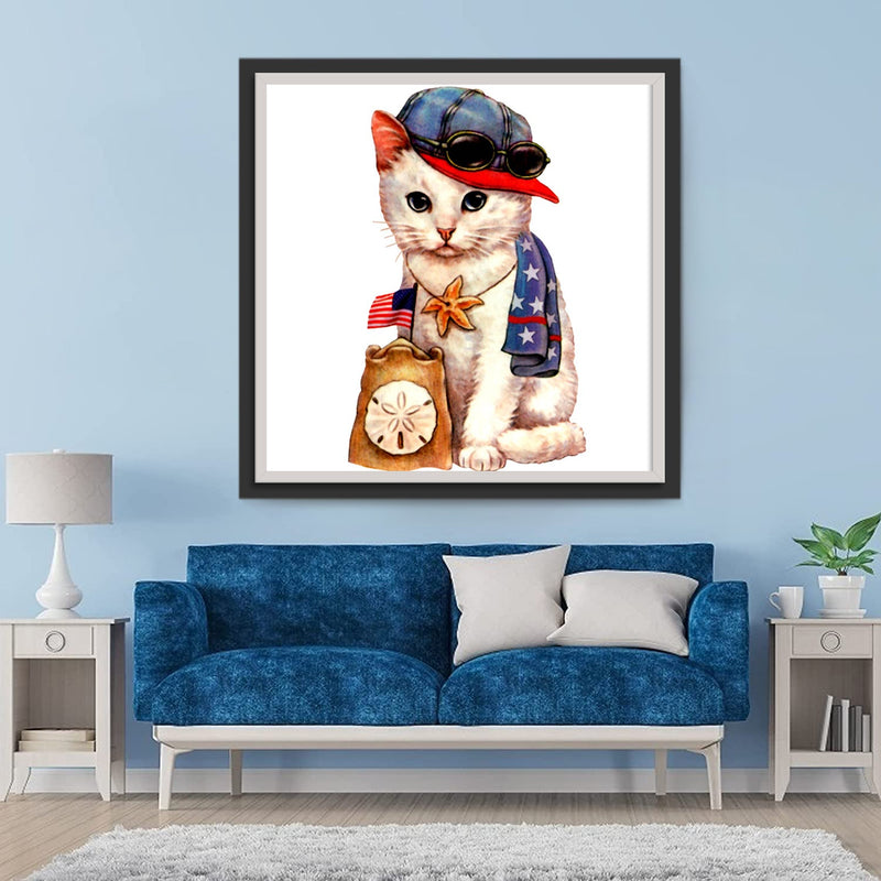 Petit Chat Doré Portant un Drapeau Américain Broderie Diamant
