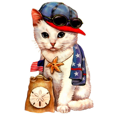Petit Chat Doré Portant un Drapeau Américain Broderie Diamant