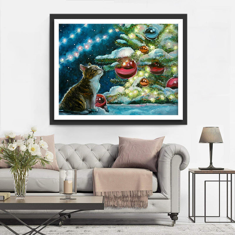 Petit Chat et le Sapin de Noël dans la Neige Broderie Diamant