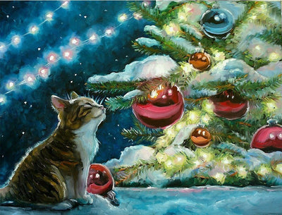 Petit Chat et le Sapin de Noël dans la Neige Broderie Diamant