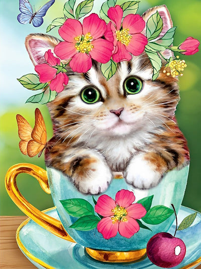 Petit Chat Rayé avec une Couronne de Fleurs de Pêcher Broderie Diamant
