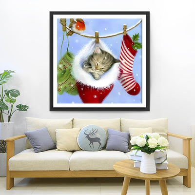 Petit Chaton Dormant dans le Père Noël Broderie Diamant