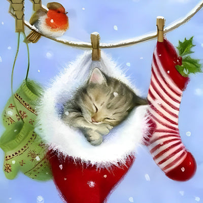 Petit Chaton Dormant dans le Père Noël Broderie Diamant