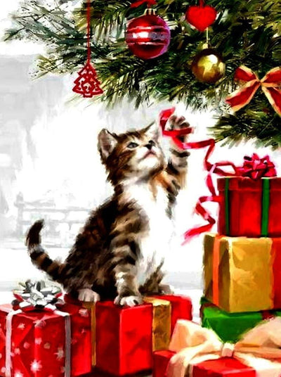 Petit Chaton Jouant avec le Sapin de Noël Broderie Diamant