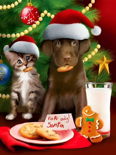 Petit Chien et Chat Mangant des Biscuits Broderie Diamant