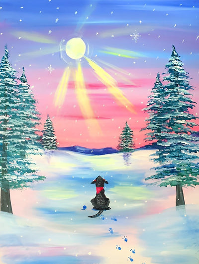 Petit Chien Noir Regardant le Soleil dans la Neige Broderie Diamant