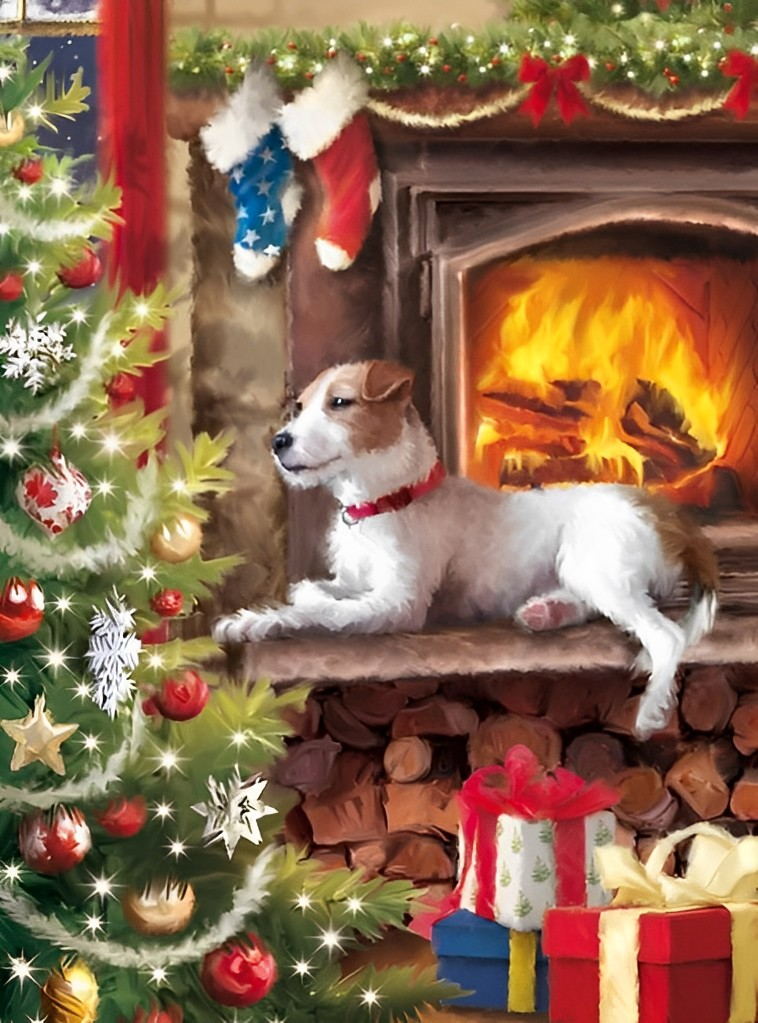 Petit Chien Se Reposant près de la Cheminée Broderie Diamant