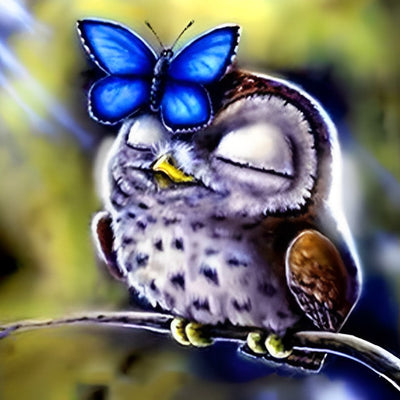 Petit Hibou Mignon et Papillon Bleu Broderie Diamant