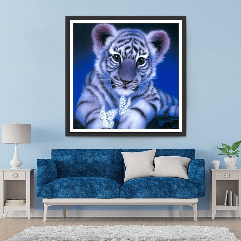 Petit Tigre Blanc et des Papillons Blancs Broderie Diamant