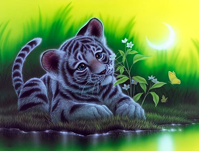 Petit Tigre Blanc et Fleur Blanche Broderie Diamant