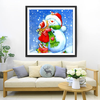 Petite Fille Embrassant le Bonhomme de Neige Broderie Diamant