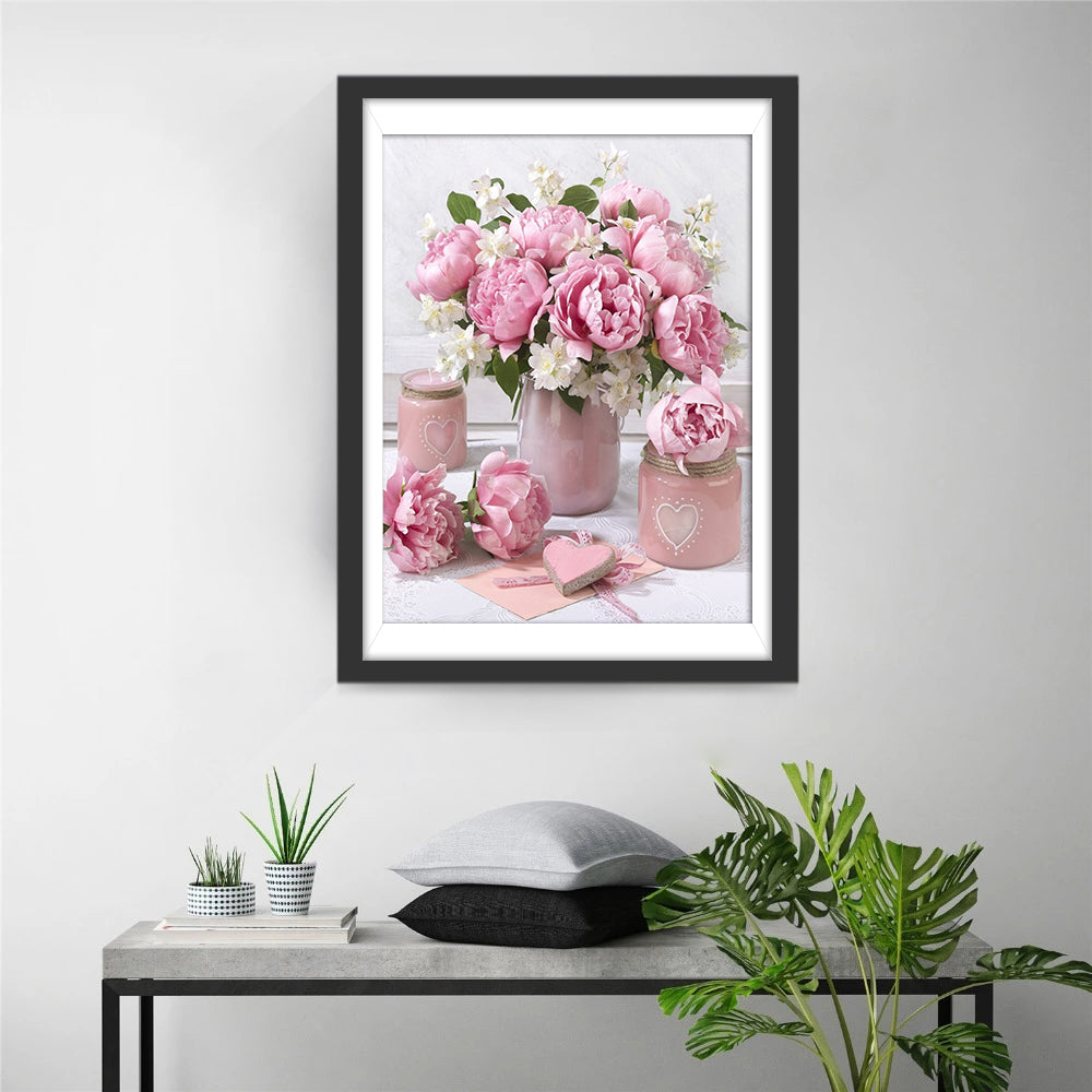 Pivoine Roses et Fleurs Blanches Broderie Diamant