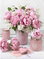 Pivoine Roses et Fleurs Blanches Broderie Diamant