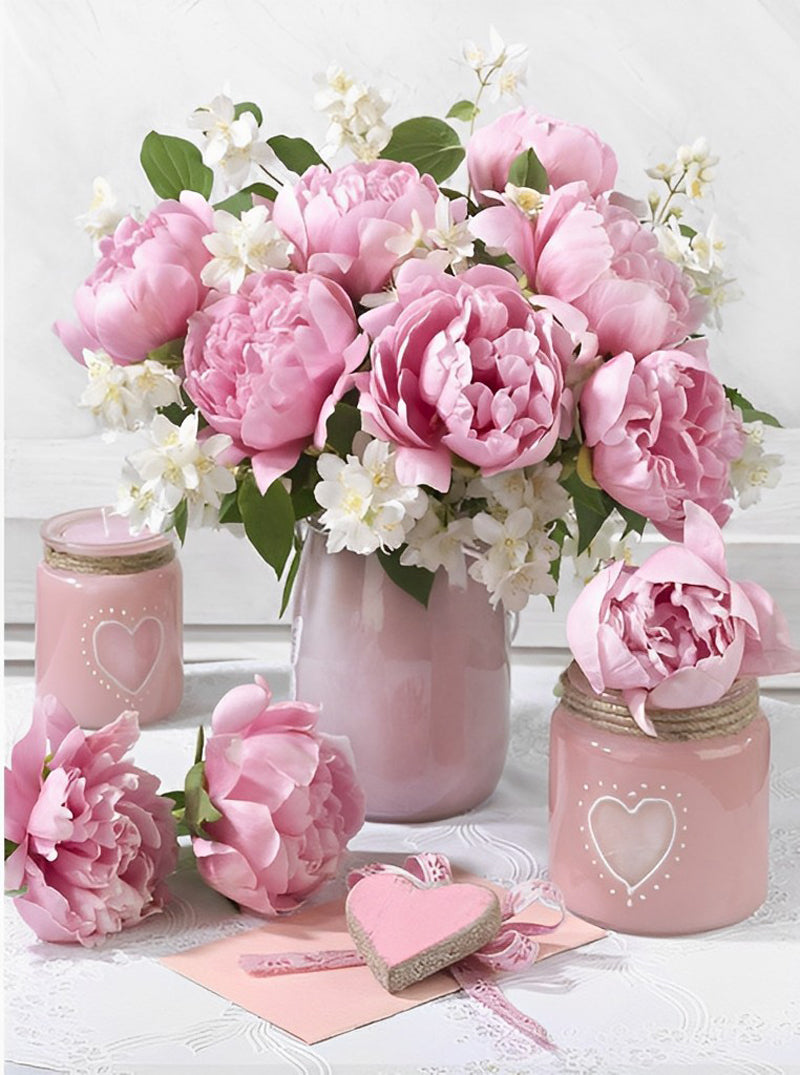 Pivoine Roses et Fleurs Blanches Broderie Diamant