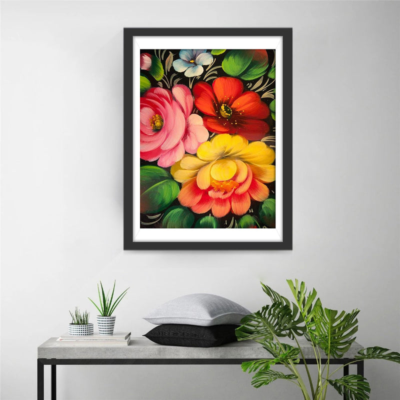 Pivoines Jaune, Rose et Rouge Broderie Diamant