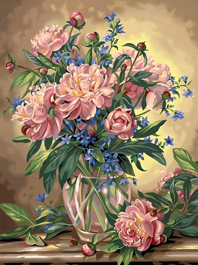 Pivoines Roses dans le Vase de Verre Broderie Diamant